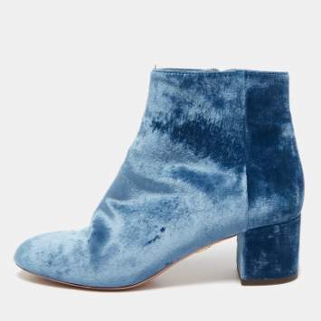 Pre Owned Aquazzura Blue Velvet Ankle Boots Size 37
