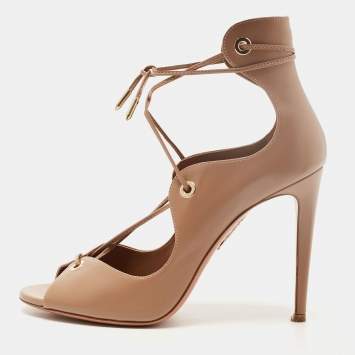 مملوكة مسبقًا Aquazzura Light Brown Leather Tango Lace Up Sandals Size 39.5