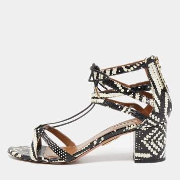 مملوكة مسبقًا Aquazzura Black/White Printed Watersnake Leather Cut Out Lace Sandals Size 40