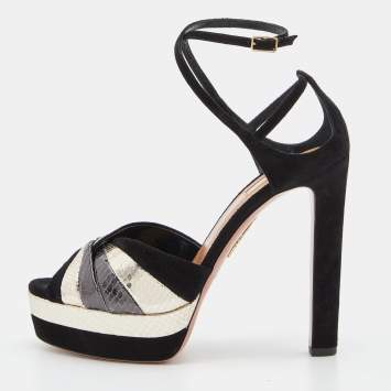 Pre Owned Aquazzura Black/Gold Suede and Watersnake Leather Platform Sandals Size 39.5