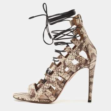 مملوكة مسبقًا Aquazzura Two Tone Python Amazon Lace Up Sandals Size 38.5