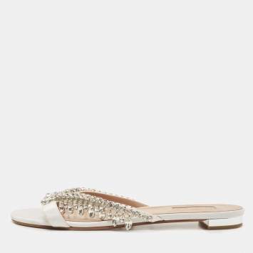 Pre Owned Aquazzura White Satin Embellished Gem Palace Flat Slides Size 39.5