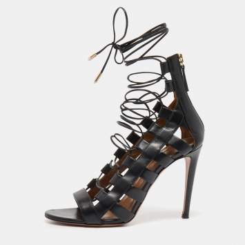 Pre Owned Aquazzura Black Leather Amazon Lace Up Open Toe Sandals Size 38