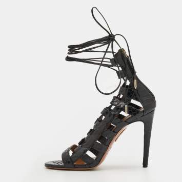 Pre Owned Aquazzura Black Watersnake Leather Amazon Lace Up Open Toe Sandals Size 36