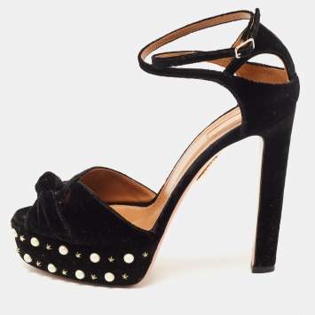 مملوكة مسبقًا Aquazzura Black Knotted Velvet Harlow Embellished Platform Sandals Size 41