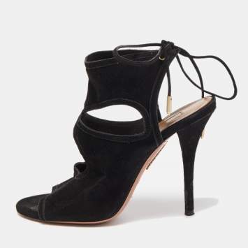 Pre Owned Aquazzura Black Suede Tie Up Strap Sandals Size 37
