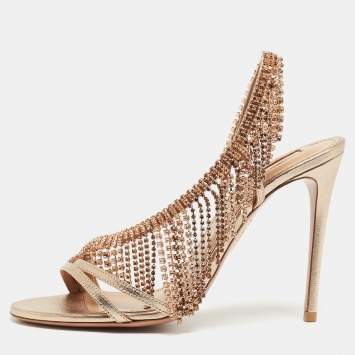Pre Owned Aquazzura Metallic Gold Leather Embellished Ankle Strap Slingback Sandals Size 37