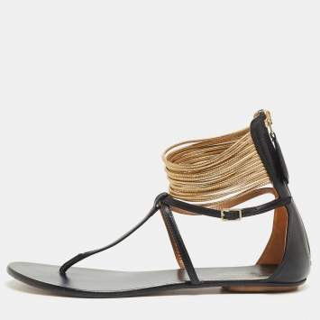 Pre Owned Aquazzura Black/Gold Leather T-Straps Flat Sandals Size 36