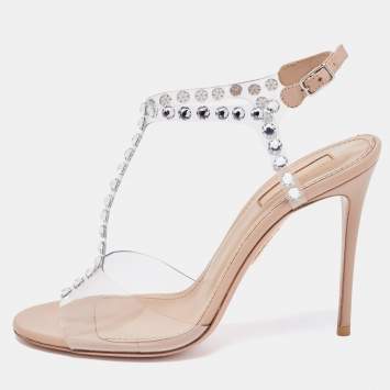 Pre Owned Aquazzura Beige PVC and Leather Crystal Embellished T-Strap Sandals Size 37