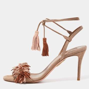 مملوكة مسبقًا Aquazzura Beige Suede Wild Thing Fringe Ankle Wrap Block Heel Sandals Size 38