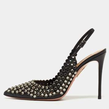 Pre Owned Aquazzura Black Leather Crystal Embellishments Slingback Pumps Size 38