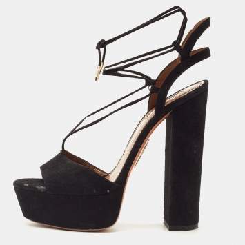 Pre Owned Aquazzura Black Suede Ankle Strap Platform Sandals Size 38 