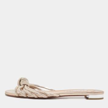 Pre Owned Aquazzura Beige Suede Crystal Slide Flats Size 38.5  