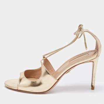 Pre Owned Aquazzura Gold Foil Leather Sofia Open Toe Ankle Wrap Sandals Size 37.5