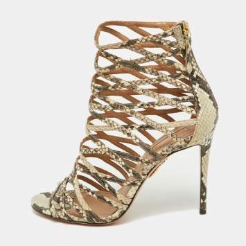 Pre Owned Aquazzura Beige/Brown Python Embossed Leather Knockout Sandals Size 37.5