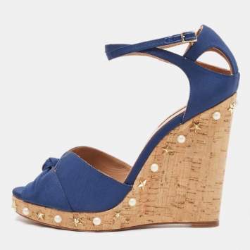 Pre Owned Aquazzura Blue Grosgrain Embellished Harlow Wedge Sandals Size 41