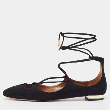Pre Owned Aquazzura Black Suede Dancer Ankle Tie Flats Size 35.5