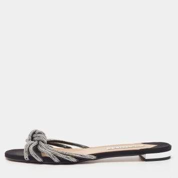 Pre Owned Aquazzura Black Glitter Crystal Embellished Slide Flats Size 39