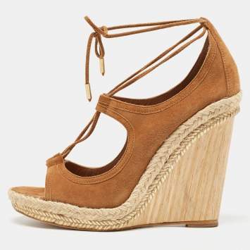 Pre Owned Aquazzura Brown Suede Sexy Thing Cutout Wedge Sandals Size 37.5