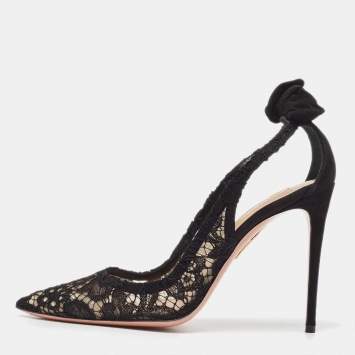 Pre Owned Aquazzura Black Lace and Suede Bow Ankle Tie Pumps Size 40