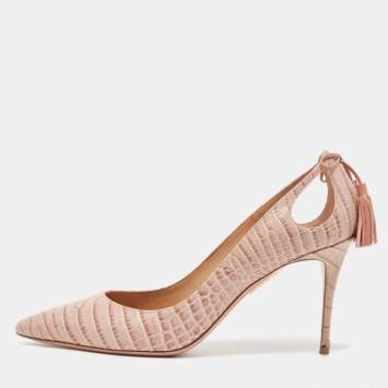 Pre Owned Aquazzura Beige Python Embossed Leather Ankle Tie Up Pointed Toe Pumps Size 40.5