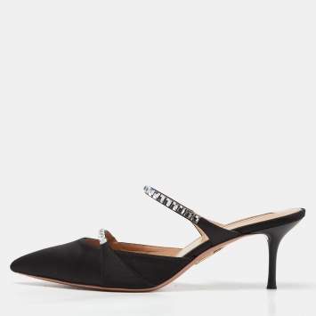 Pre Owned Aquazzura Black Satin Crystal Embellished Mule Sandals Size 36.5