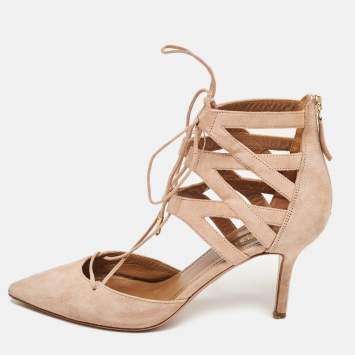 Pre Owned Aquazzura Pink Suede Belgravia Lace Up Pointed Toe Pumps Size 37.5