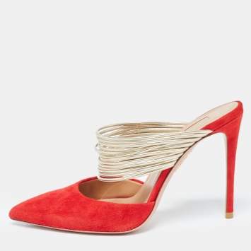 Pre Owned Aquazzura Red/Gold Suede and Leather Rendez Vous Slides Size  36.5
