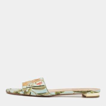 مملوكة مسبقًا Aquazzura Turquoise Fabric Tropical Monkey Print Flat Slides Size 39.5