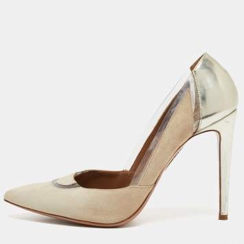 Pre Owned Aquazzura Beige/Gold Suede, Leather and PVC Pointed Toe Pumps Size 40