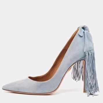 Pre Owned Aquazzura Grey Suede Bow Fringe Pumps Size 35