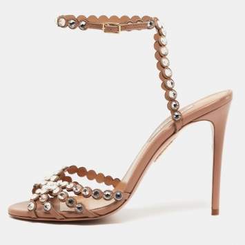 Pre Owned Aquazzura Beige Leather Crystal-Embellished Ankle Strap Sandals Size 39