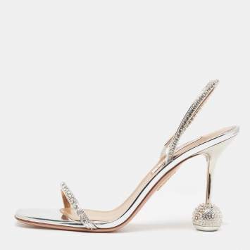 Pre Owned Aquazzura Metallic Silver Leather Yes Darling Slingback Sandals Size 38
