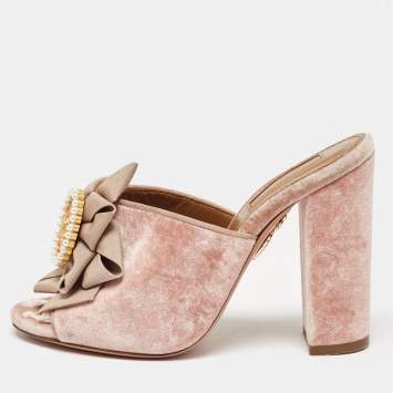 Pre Owned Aquazzura Pink Velvet and Fabric Embellished Slide Sandals Size 36