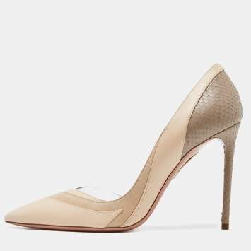 Pre Owned Aquazzura Beige Suede,Leather,Embossed Snakeskin and PVC Pointed Toe Pumps Size 37.5