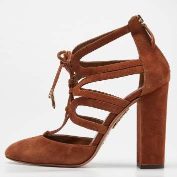 Pre Owned Aquazzura Brown Suede Lace Up Block Heel Pumps Size 39