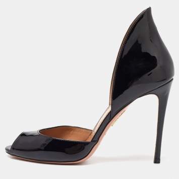 Pre Owned Aquazzura Black Patent Leather Peep Toe Pumps Size 38