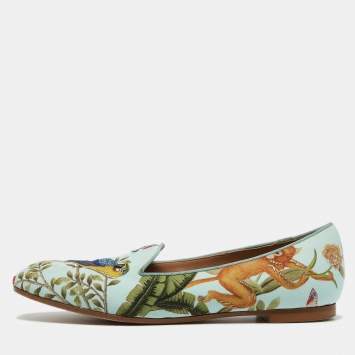 Pre Owned Aquazzura Aqua Blue Jacquard Fabric Amazonia De Gournay Loafers Size 35.5