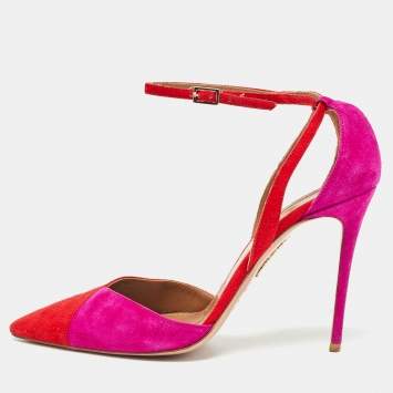 Pre Owned Aquazzura Red/Purple Suede Ankle Strap Pumps Size 39