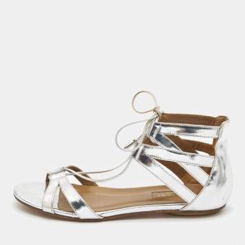 Pre Owned Aquazzura Silver Leather Strappy Flat Sandals Size 36