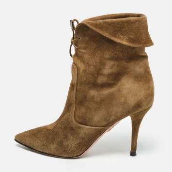 Pre Owned Aquazzura Brown Olive Green Suede Tribeca Ankle Boots Size 36