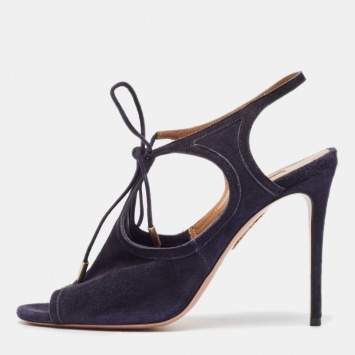 Pre Owned Aquazzura Navy Blue Suede Mira Ankle Strap Sandals Size 37