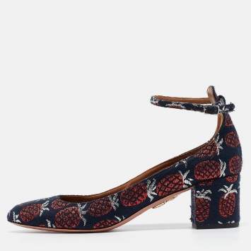 Pre Owned Aquazzura Multicolor Brocade Fabric Block Heel Ankle Strap Pumps Size 39
