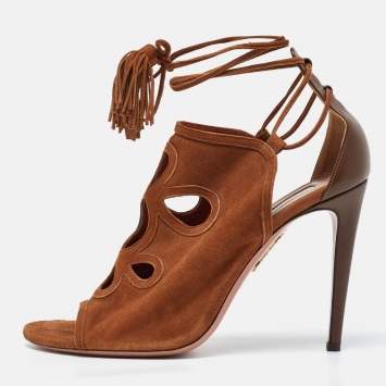 Pre Owned Aquazzura Brown Suede Cut Out Tassel Detail Ankle Wrap Sandals Size 39