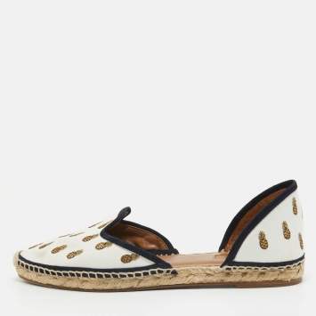 Pre Owned Aquazzura White Canvas Embroidered Pineapple Espadrille Flats Size 41