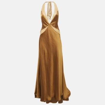 Pre Owned Arcina Ori Brown Satin Devora Halter Neck Maxi Dress S