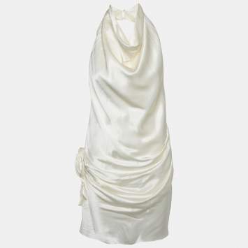 Pre Owned Arcina Ori Cream Satin Halter Neck Dress M