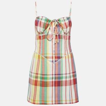 Pre Owned Area Multicolor Plaid Checked Wool Crystal Detail Mini Dress M