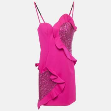 Pre Owned Area Pink Wool Rhinestone Heart-Patch Mini Dress XS