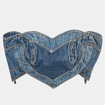 Pre Owned Area Blue Heart Motif Patchwork Denim Bandeau Top XS